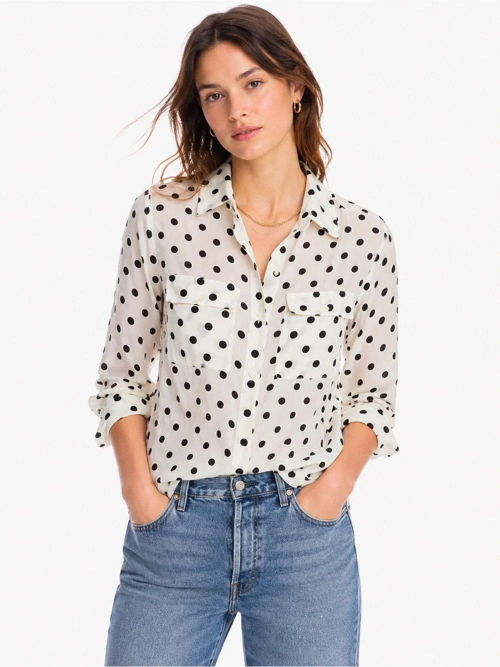 J. Crew 100% Silk Polka Dot Button Down Shirt